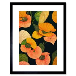 "Artery8 Wall Art Print Modern Tropical Lake Flowers Orange Yellow Peach Cream Warm Colours on Dark Green Artwork Framed 9X7 Inch - Size: W7"" x H9""" - thumbnail 1