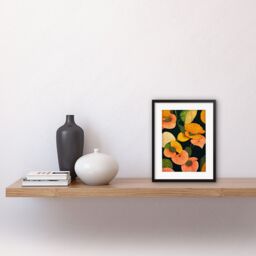 "Artery8 Wall Art Print Modern Tropical Lake Flowers Orange Yellow Peach Cream Warm Colours on Dark Green Artwork Framed 9X7 Inch - Size: W7"" x H9""" - thumbnail 2