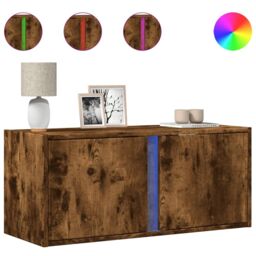 Berkfield Home TV Wall Cabinet with LED Lights Smoked Oak 80x31x35 cm in Brown - Size: 80 x 31 x 35 cm - thumbnail 2