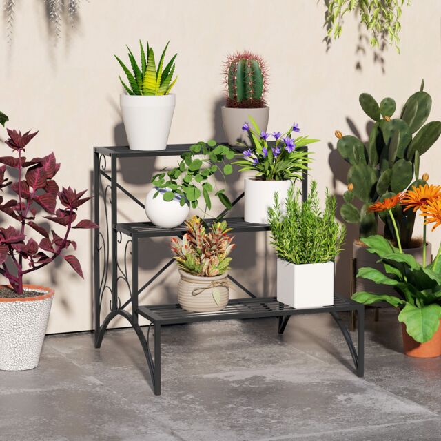 OUTSUNNY 3-Tier Metal Plant Stand for Garden Balcony Indoor Outdoor, Black - image 1