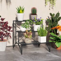 OUTSUNNY 3-Tier Metal Plant Stand for Garden Balcony Indoor Outdoor, Black - thumbnail 1