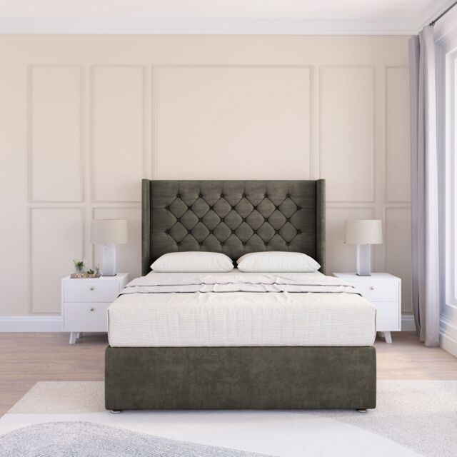"Sloomy Dior Dumfries Wingback Bed Set, No Drawers & 54"" Floor Standing Headboard in Dark Grey - Size: Super King" - image 1