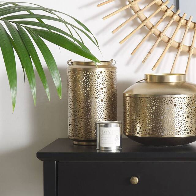 Wyld and Coco Gold Iron Lantern 25 cm Pillar Candle Holder Perforated Vintage - image 1