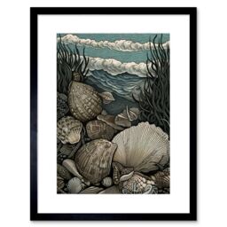 "Artery8 Wall Art Print Seashells by the Shore Modern Coastal Artwork Framed 9X7 Inch in Black - Size: W7"" x H9""" - thumbnail 1