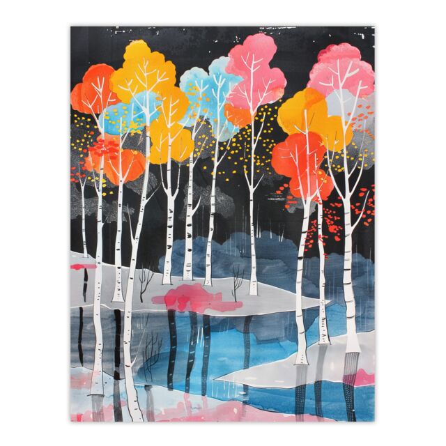 "Artery8 Colourful Birch Trees River Landscape Painting Wall Art Print - Size: W12"" x H16""" - image 1