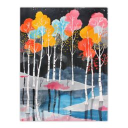 "Artery8 Colourful Birch Trees River Landscape Painting Wall Art Print - Size: W12"" x H16""" - thumbnail 1