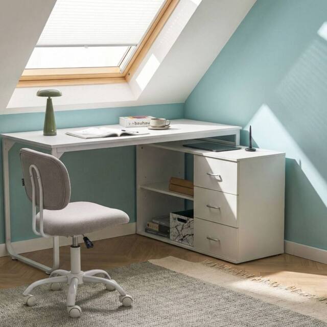Wyld and Coco White Corner Desk 140 x 100 cm - Iron Legs 2 Shelves 3 Drawers - image 1