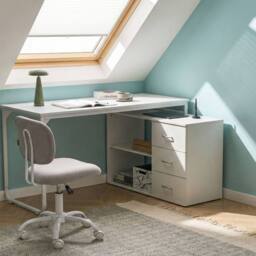 Wyld and Coco White Corner Desk 140 x 100 cm - Iron Legs 2 Shelves 3 Drawers - thumbnail 1