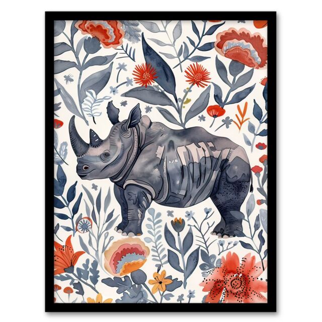 "Artery8 Rhinoceros Rhino Blue Red Floral Pattern Portrait Framed Wall Art - Size: W12"" x H16""" - image 1