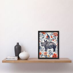 "Artery8 Rhinoceros Rhino Blue Red Floral Pattern Portrait Framed Wall Art - Size: W12"" x H16""" - thumbnail 4