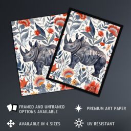 "Artery8 Rhinoceros Rhino Blue Red Floral Pattern Portrait Framed Wall Art - Size: W12"" x H16""" - thumbnail 2