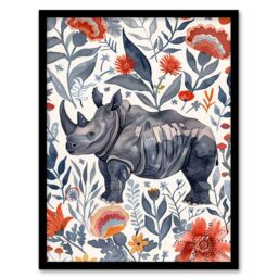 "Artery8 Rhinoceros Rhino Blue Red Floral Pattern Portrait Framed Wall Art - Size: W12"" x H16""" - thumbnail 1