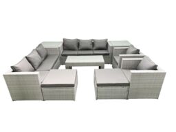Fimous Outdoor Garden Furniture Rattan Sofa Set with 2 Armchairs Oblong Coffee Table 2 Big Footstools 2 Side Tables Light Grey Mixed - thumbnail 1