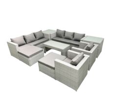 Fimous Outdoor Garden Furniture Rattan Sofa Set with 2 Armchairs Oblong Coffee Table 2 Big Footstools 2 Side Tables Light Grey Mixed - thumbnail 2