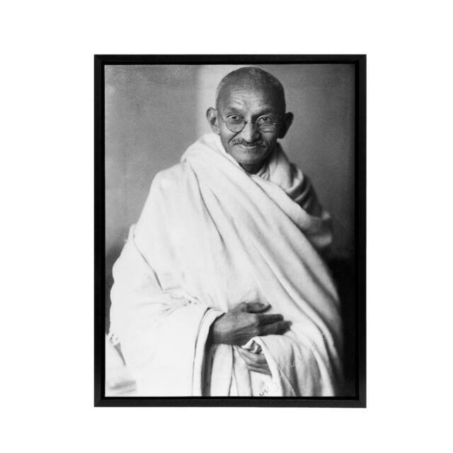 "Artery8 Political Activist Mohandas Gandhi Portrait Framed Canvas Wall Art Print in Grey - Size: W12"" x H16""" - image 1