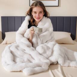 Costway 203x153cm Faux Fur Throw Blanket Fuzzy Plush Bubble Blanket in White - Size: 203x153 cm - thumbnail 5