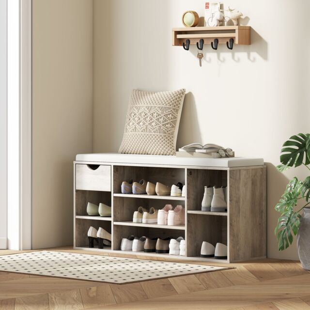 HOMCOM Shoe Storage Cabinet Bench w/ Cushion Adjustable Shelves Grey - image 1
