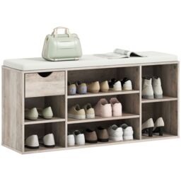 HOMCOM Shoe Storage Cabinet Bench w/ Cushion Adjustable Shelves Grey - thumbnail 2
