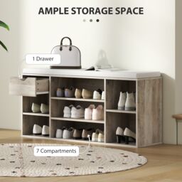 HOMCOM Shoe Storage Cabinet Bench w/ Cushion Adjustable Shelves Grey - thumbnail 4