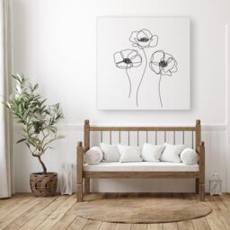 "Warren Reed - Designer Monochrome Line Drawn Poppies Canvas in White - Size: W16"" x H16""" - thumbnail 3
