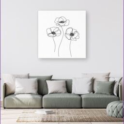 "Warren Reed - Designer Monochrome Line Drawn Poppies Canvas in White - Size: W16"" x H16""" - thumbnail 4