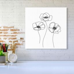 "Warren Reed - Designer Monochrome Line Drawn Poppies Canvas in White - Size: W16"" x H16""" - thumbnail 2