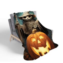 Warren Reed - Designer Creepy Ghost With Pumpkins Sherpa Blanket in Orange - Size: Large - thumbnail 2