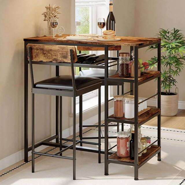 KORVIXA 3PCS Dining Table Set w/ 2 Upholstered Bar Stool in Brown - Size: 100 cm x 100 cm - image 1