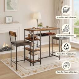 KORVIXA 3PCS Dining Table Set w/ 2 Upholstered Bar Stool in Brown - Size: 100 cm x 100 cm - thumbnail 5