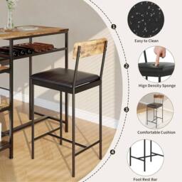 KORVIXA 3PCS Dining Table Set w/ 2 Upholstered Bar Stool in Brown - Size: 100 cm x 100 cm - thumbnail 4