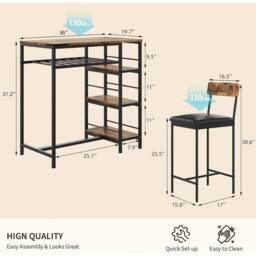 KORVIXA 3PCS Dining Table Set w/ 2 Upholstered Bar Stool in Brown - Size: 100 cm x 100 cm - thumbnail 2