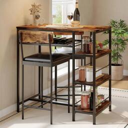 KORVIXA 3PCS Dining Table Set w/ 2 Upholstered Bar Stool in Brown - Size: 100 cm x 100 cm