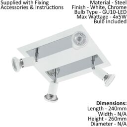 Loops Wall Ceiling 4 Spot Light Colour White Chrome Shade & Back Plate Bulb GU10 4x5W - thumbnail 2
