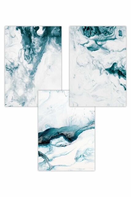 ARTZE Set of 3 Teal Blue Abstract Ocean Waves Art Posters - Size: W30 cm x H42 cm - image 1