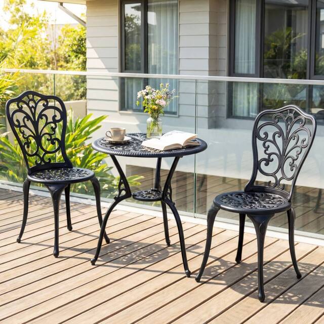 Costway 3PCS Patio Bistro Set Cast Aluminum Table & Chairs w/ Umbrella Hole in Black - image 1
