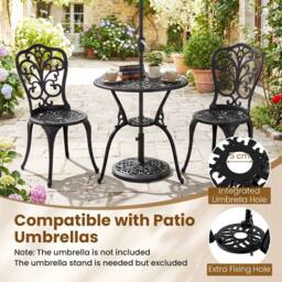 Costway 3PCS Patio Bistro Set Cast Aluminum Table & Chairs w/ Umbrella Hole in Black - thumbnail 7