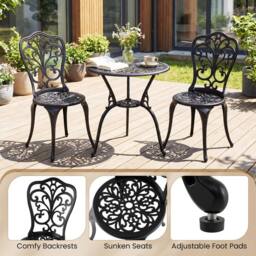 Costway 3PCS Patio Bistro Set Cast Aluminum Table & Chairs w/ Umbrella Hole in Black - thumbnail 5