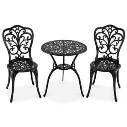 Costway 3PCS Patio Bistro Set Cast Aluminum Table & Chairs w/ Umbrella Hole in Black - thumbnail 2