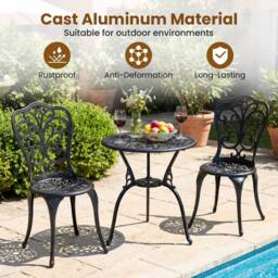 Costway 3PCS Patio Bistro Set Cast Aluminum Table & Chairs w/ Umbrella Hole in Black - thumbnail 8