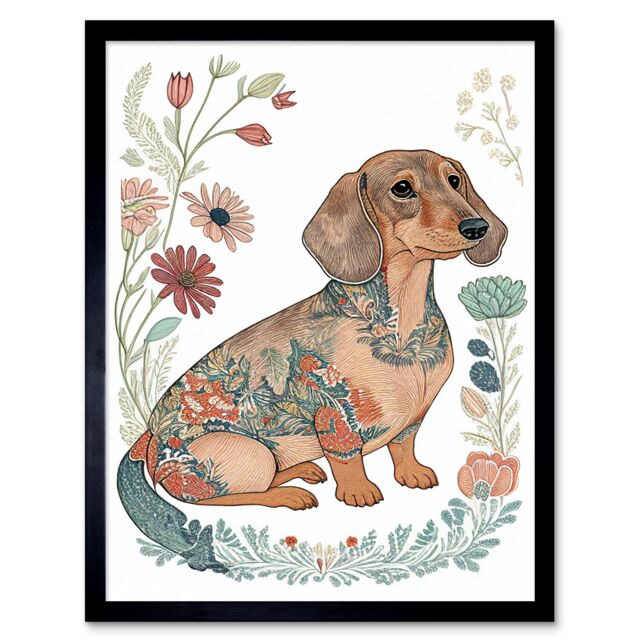 "Artery8 Wall Art Print Dachshund Shorthaired Dog with Ornate Floral Patterns Colourful Colour Pencil Art Framed in Black - Size: W12"" x H16""" - image 1