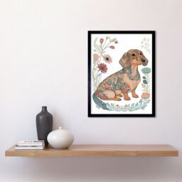 "Artery8 Wall Art Print Dachshund Shorthaired Dog with Ornate Floral Patterns Colourful Colour Pencil Art Framed in Black - Size: W12"" x H16""" - thumbnail 2