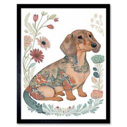 "Artery8 Wall Art Print Dachshund Shorthaired Dog with Ornate Floral Patterns Colourful Colour Pencil Art Framed in Black - Size: W12"" x H16""" - thumbnail 1