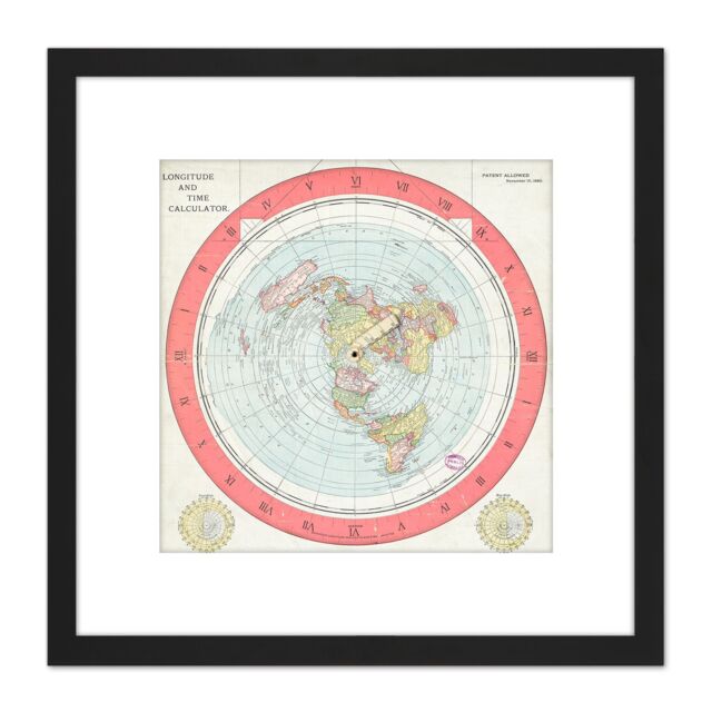 Artery8 Map Gleason 1892 World Time Calculator Flat Earth 8X8 Inch Square Wooden Framed Wall Art Print Picture with Mount in Black - image 1