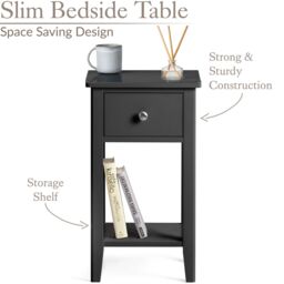 Christow Black Bedside Table Slim Bedroom Nightstand Cabinet Unit 1 Drawer Storage Shelf - thumbnail 3
