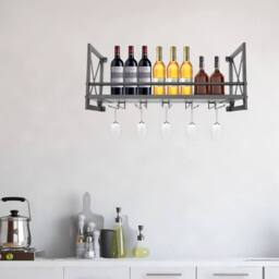 NESTLUNE Metal Wine Glass Rack Wall Mounted Bottle Storage Display Shelf in Grey - Size: 100 cm - thumbnail 3