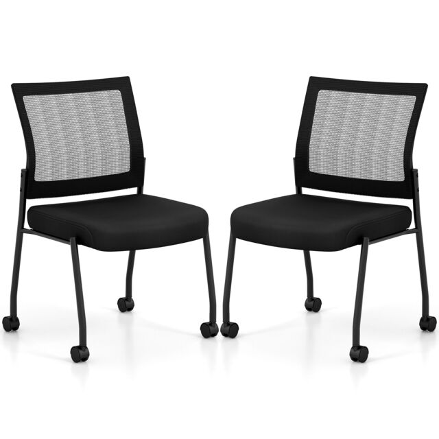 Gymax Set of 2 Stackable Office Reception Chairs On Wheels With Mesh Back in Black - image 1