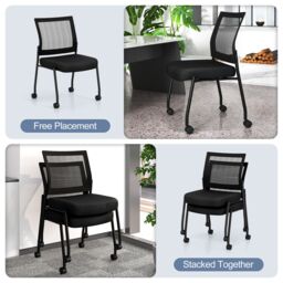 Gymax Set of 2 Stackable Office Reception Chairs On Wheels With Mesh Back in Black - thumbnail 2
