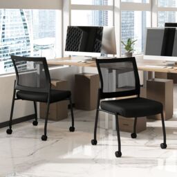 Gymax Set of 2 Stackable Office Reception Chairs On Wheels With Mesh Back in Black - thumbnail 3