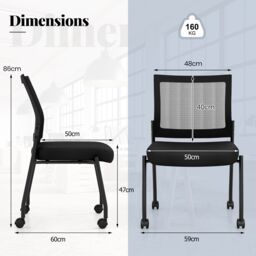 Gymax Set of 2 Stackable Office Reception Chairs On Wheels With Mesh Back in Black - thumbnail 6