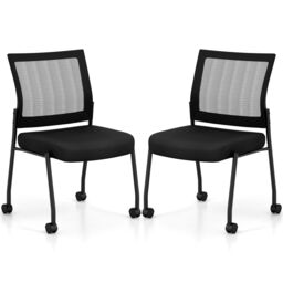 Gymax Set of 2 Stackable Office Reception Chairs On Wheels With Mesh Back in Black